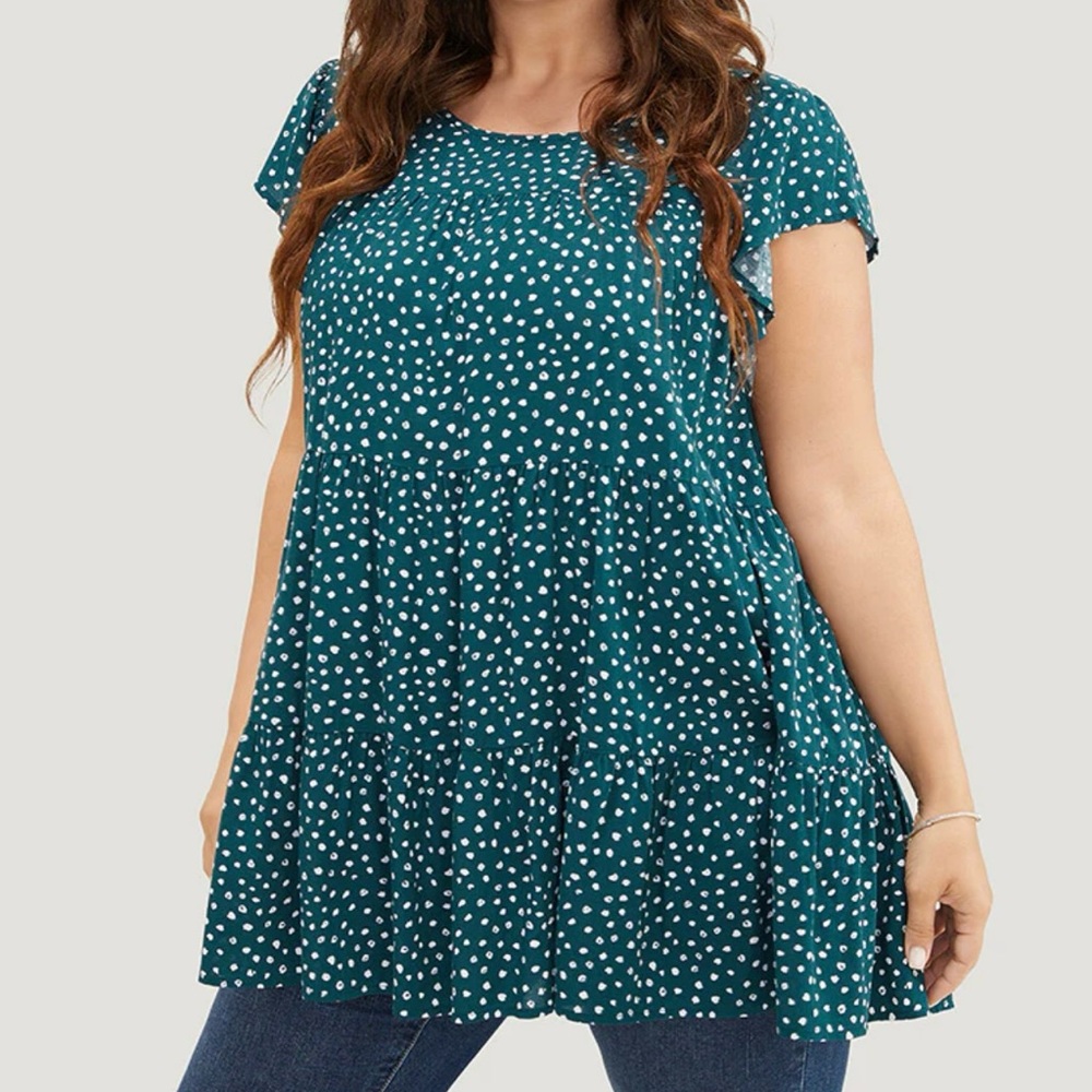 BloomChic Cap Sleeve All Over Print Ruffle Hem Gathered Top